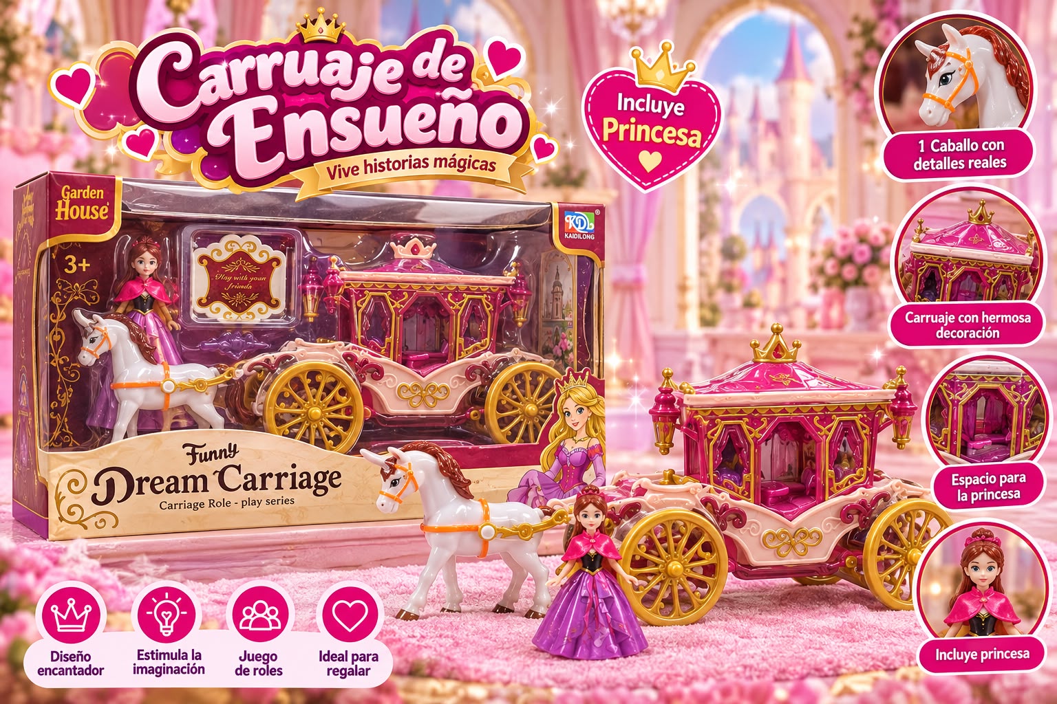 Carruaje de Ensueño de juguete con caballo y princesa