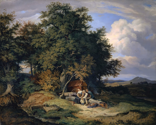 Herbstlicher Wald mit Schäferfamilie 1837