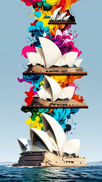 Sydney Opera House Pop Art Stacked with Vibrant Ink Splatters - Free mobile Wallpaper