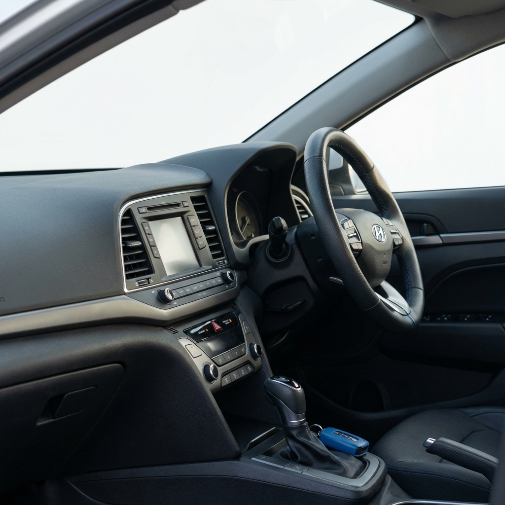 Close up realistic photo of Hyundai Elantra interior dashboard and steering wheel in natural light with a small CarFax Deals blue 3666ed key fob best Hyundai for the money