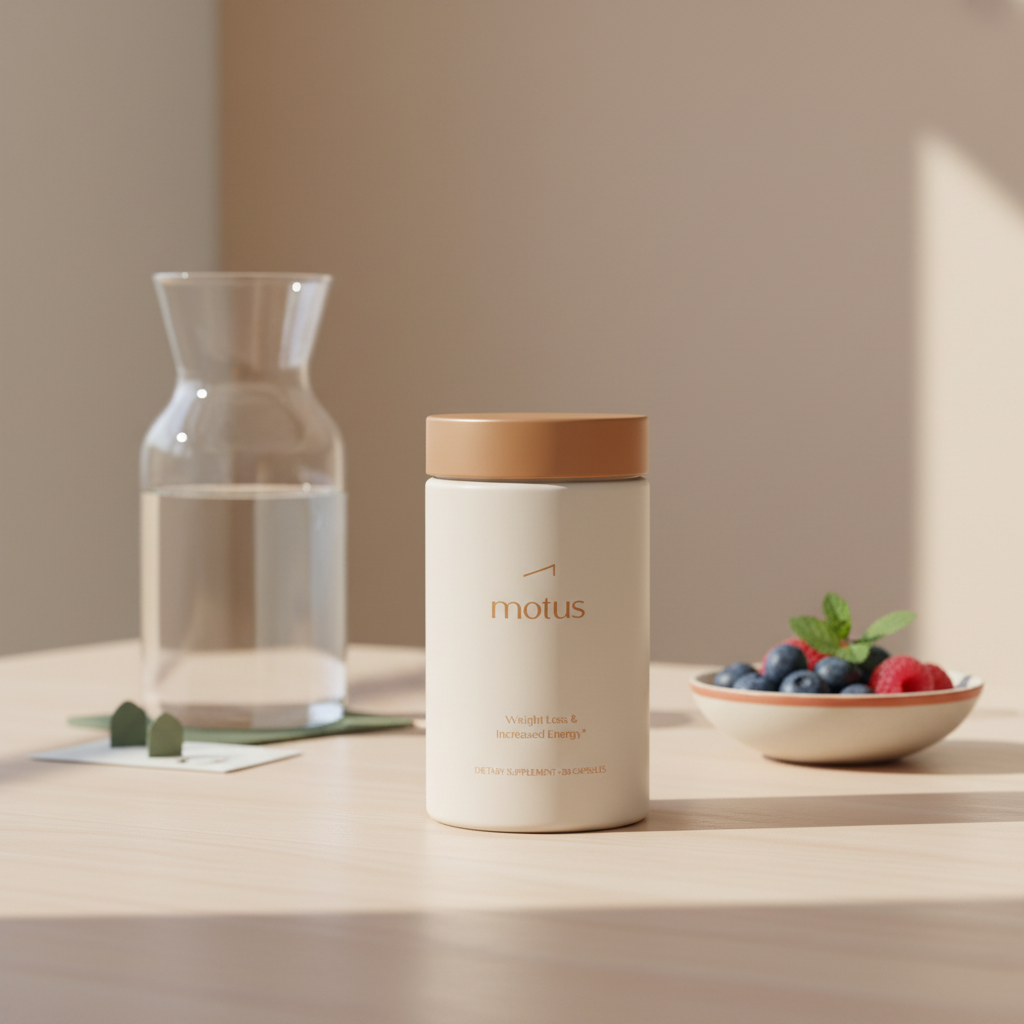 Motus supplement bottle on a pale wood table with glass carafe and bowl of berries in a clean Tonum setting for weight-loss article — is it worth paying for a nutritionist