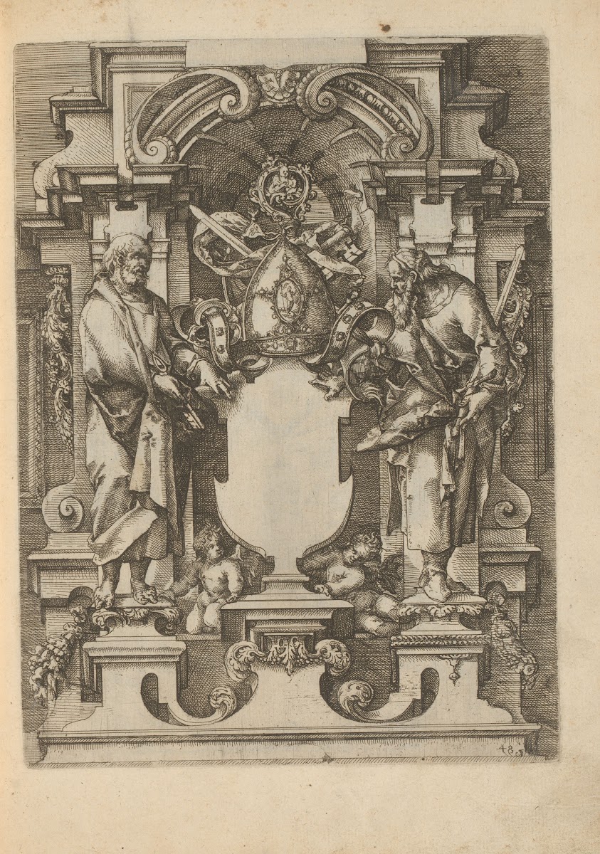 Niche with an empty cartouche flanked by the apostles Peter and Paul 1593 1595