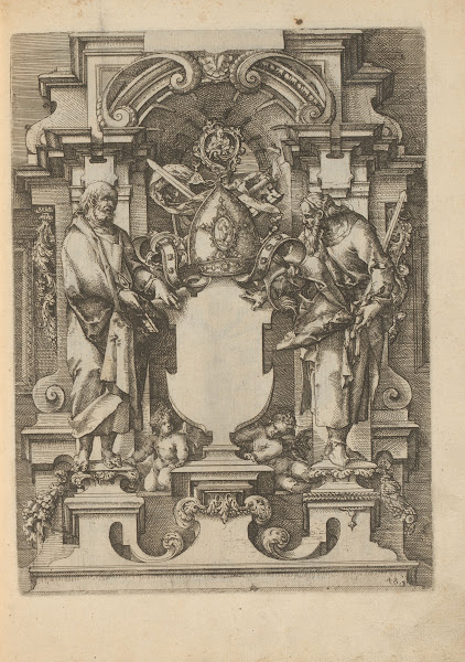 Niche with an empty cartouche flanked by the apostles Peter and Paul 1593 1595