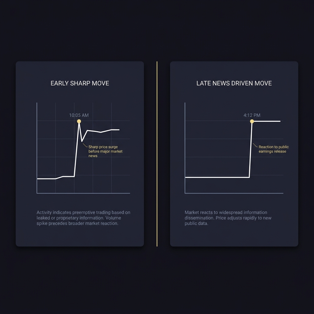 Minimalist side by side charts comparing an early sharp move and a late news driven move with timestamps illustrating betting line movement