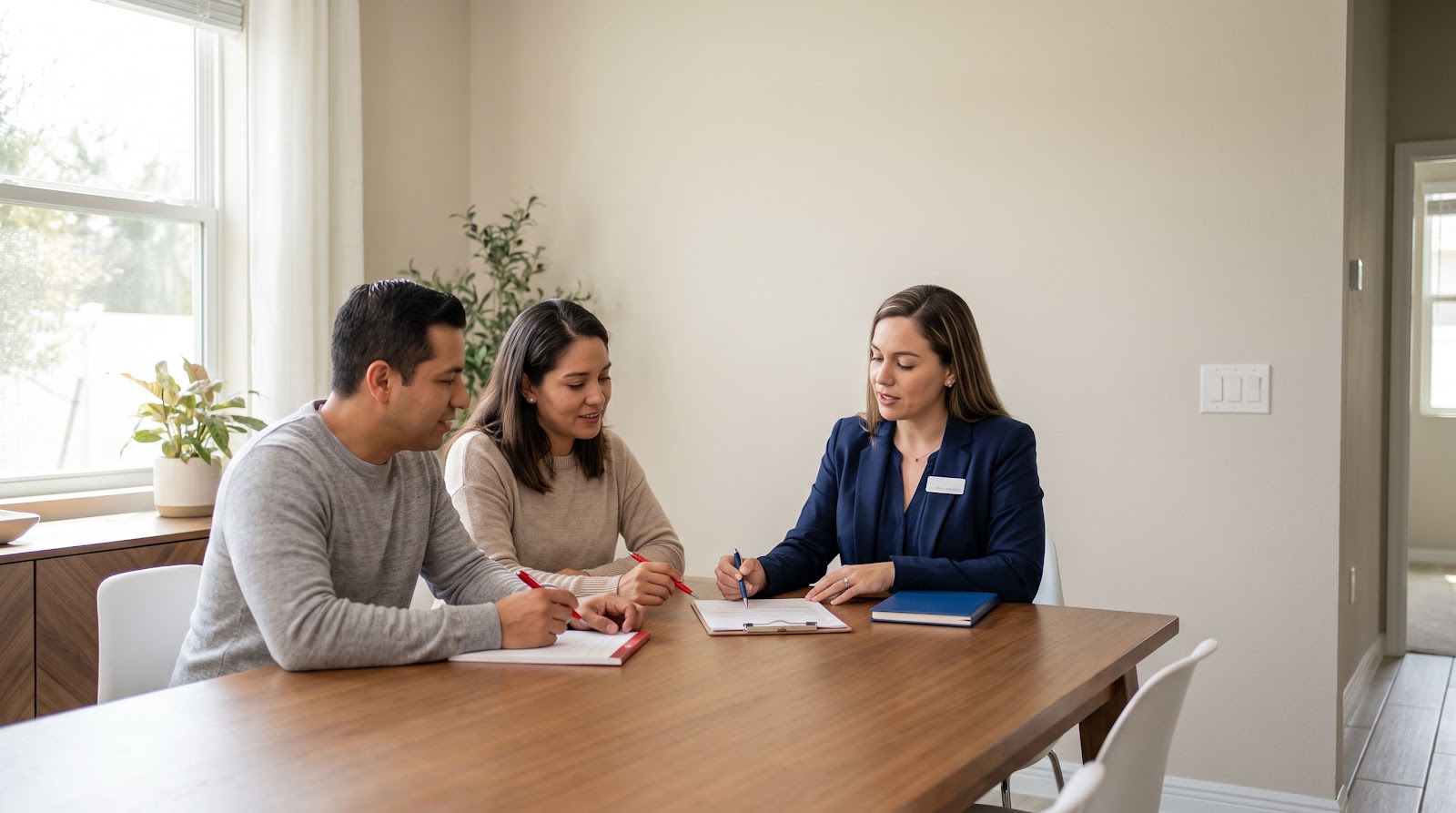 Florida family reviewing florida mortgage protection life insurance policy details with an insurance advisor at home
