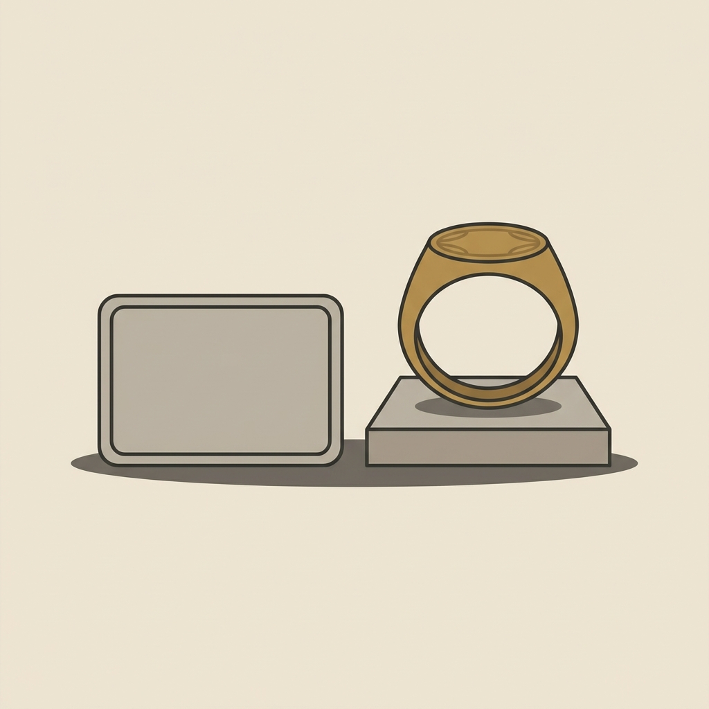 Minimalist 2D vector of an ancient mens ring beside a blank museum label card on a soft beige background using Aurora Antiqua color palette