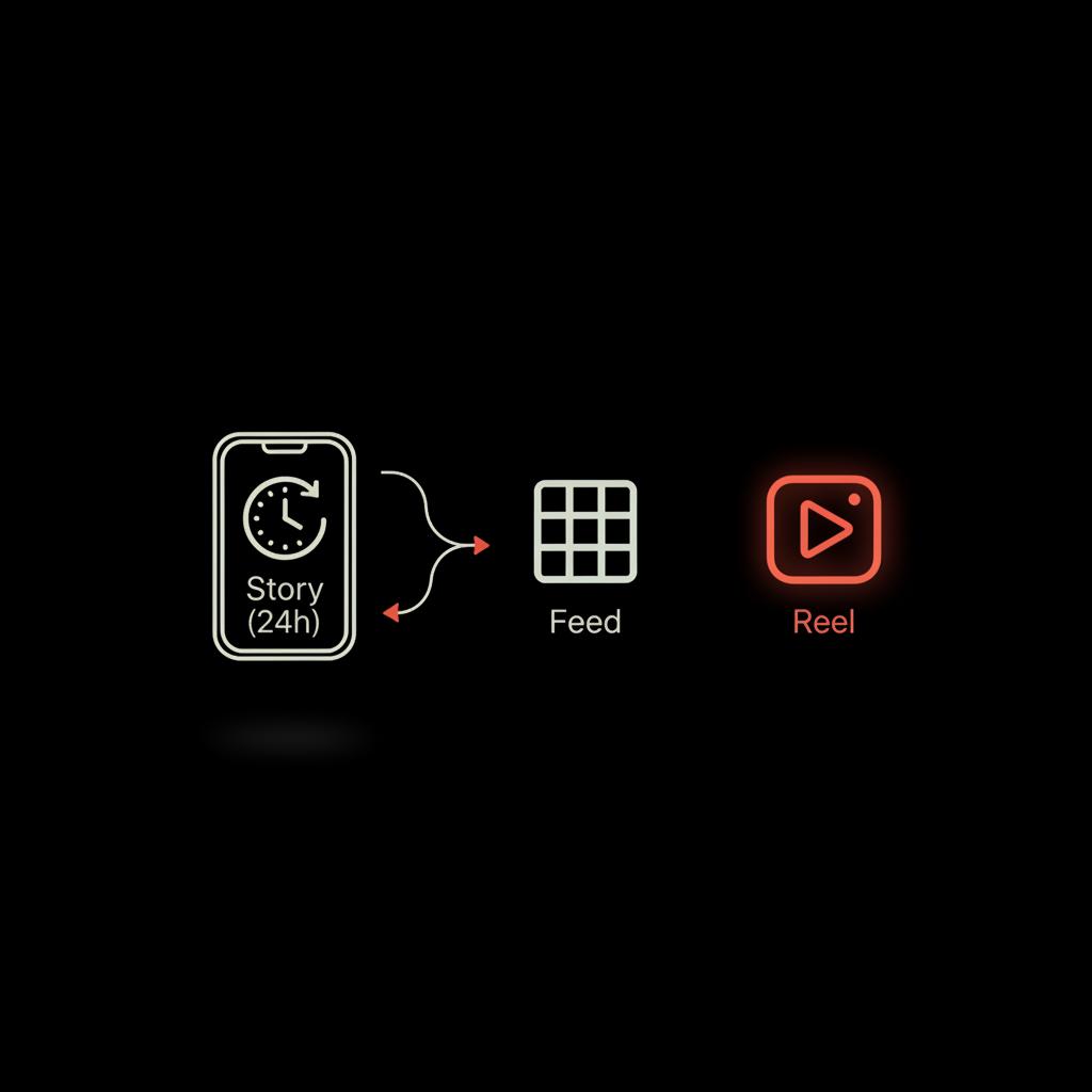 Diagram showing how a Story (24h) converts into Feed and Reel outcomes with arrows and icons — 24 hour rule on Instagram