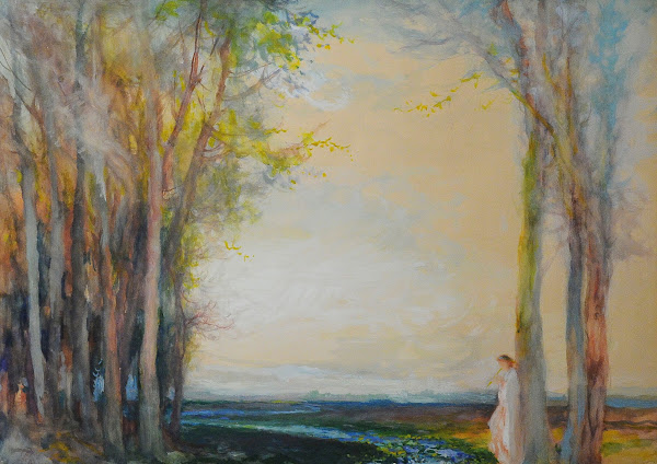 Spring landscape with a figure playing the pipe 1948