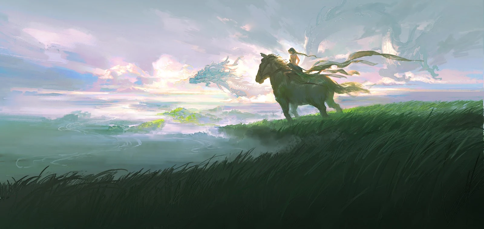 Rider Facing The Cloud Dragon - Digital Concept Art 4K Wallpaper (5000x2367)