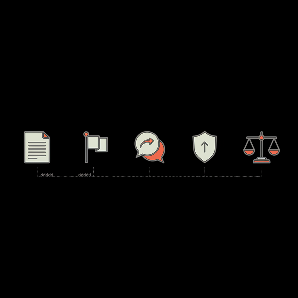 Minimal vector checklist infographic on black background showing five icons (document, flag, respond, appeal, legal) connected in a clean row — does google delete old reviews