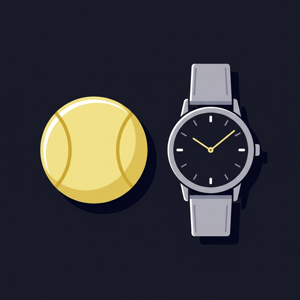 Minimalist 2D vector of a tennis ball and a wristwatch side by side on a dark Funded Plays style background linking sport and luxury sponsorship concept french open betting odds