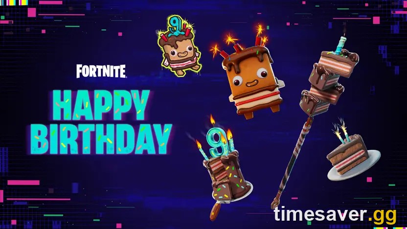 Fortnite Happy Birthday Power Hours art with the Birthday Sprite and cake-themed items from 26 September 2026