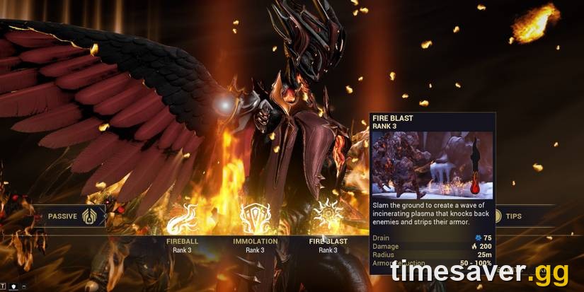 Ember's Fire Blast ability selected in the upgrade screen, the Helminth armor-strip pick