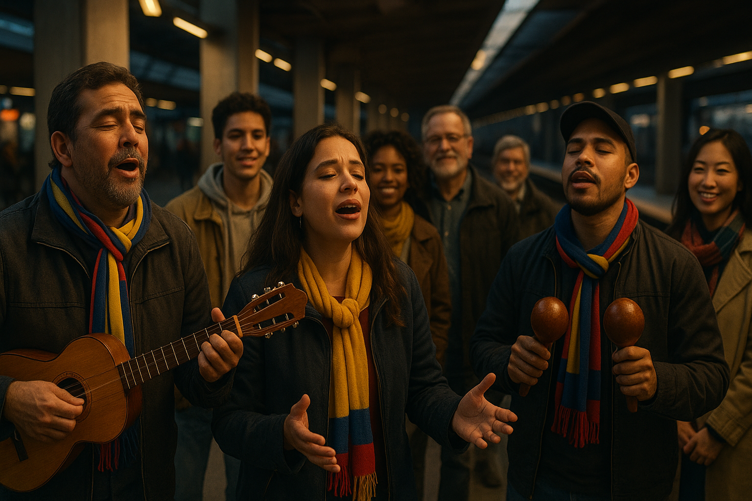Venezolanos cantando aguinaldos en una estación de metro, gente alrededor sonriendo y grabando con teléfonos