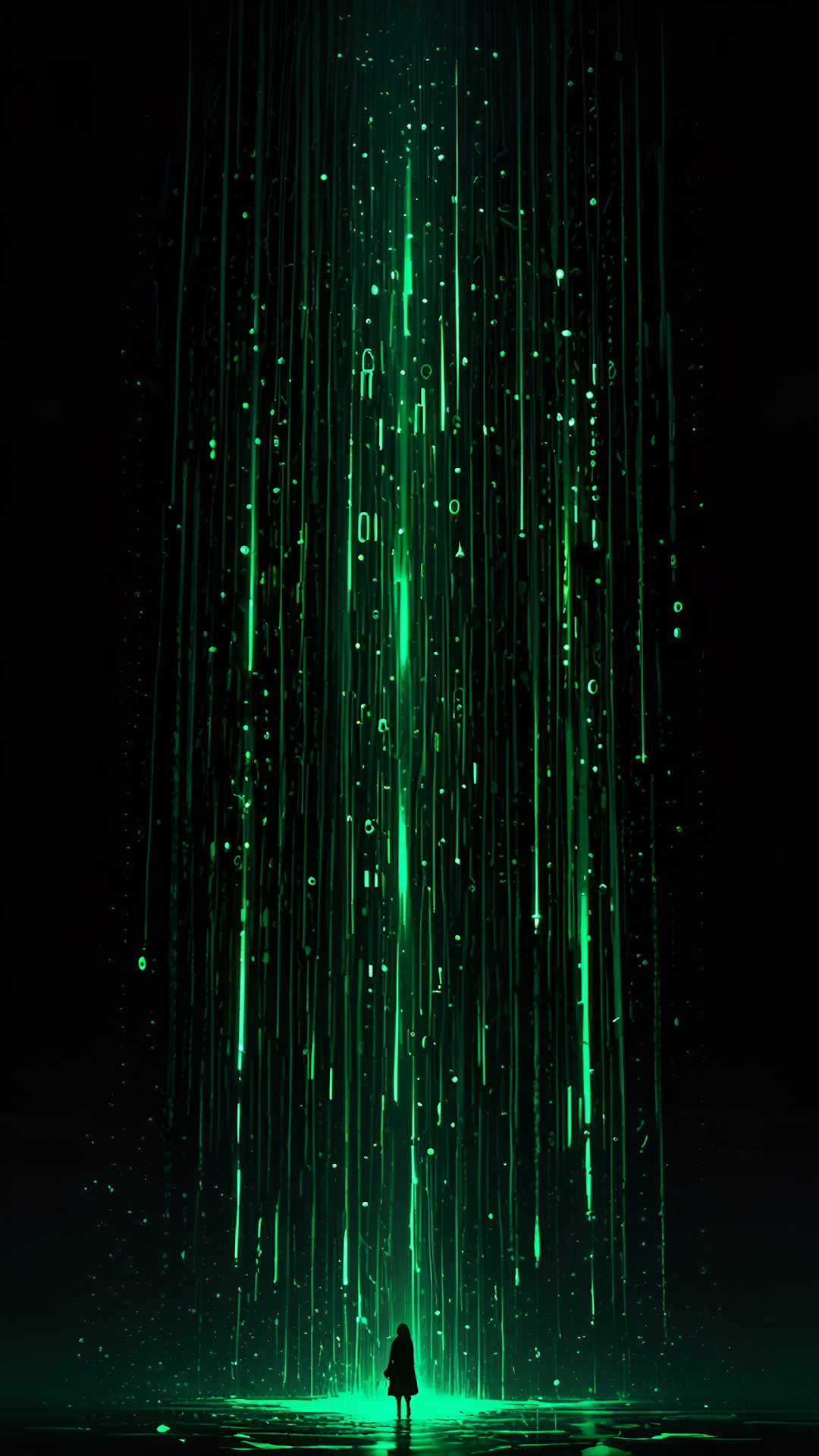 Silhouette Under Digital Green Rain in Dark Void - Free 4K mobile Wallpaper