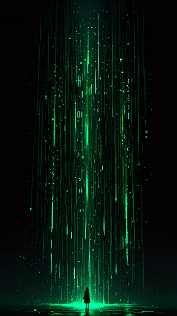 Silhouette Under Digital Green Rain in Dark Void - Free mobile Wallpaper