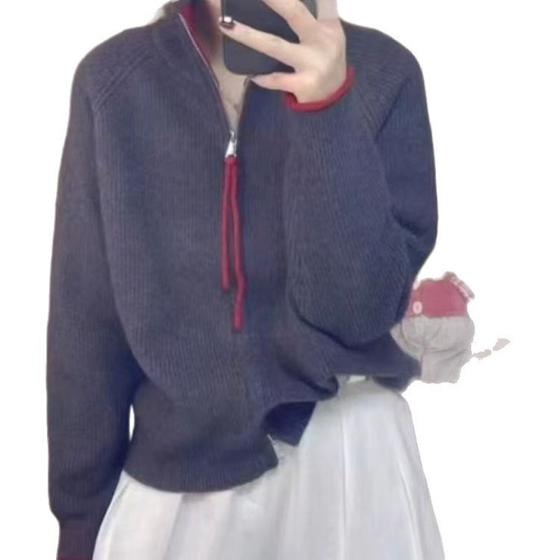 Women's cardigan with zipper and color-block design