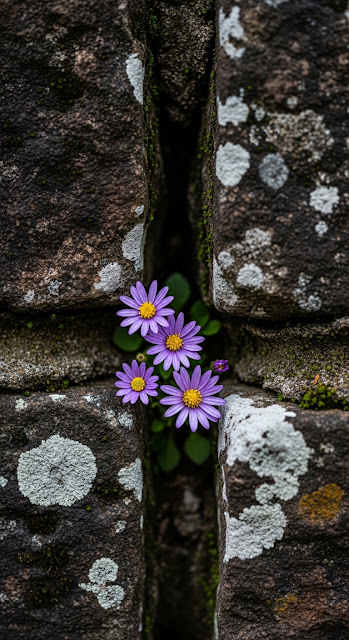 Delicate Purple Flowers Growing from Rough Granite Rock - Free mobile Wallpaper