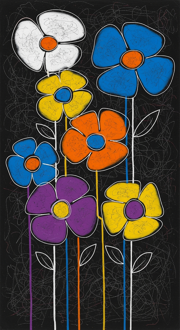 Abstract Expressionist Painting of Stylized Flowers on Black Canvas