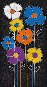 Abstract Expressionist Painting of Stylized Flowers on Black Canvas