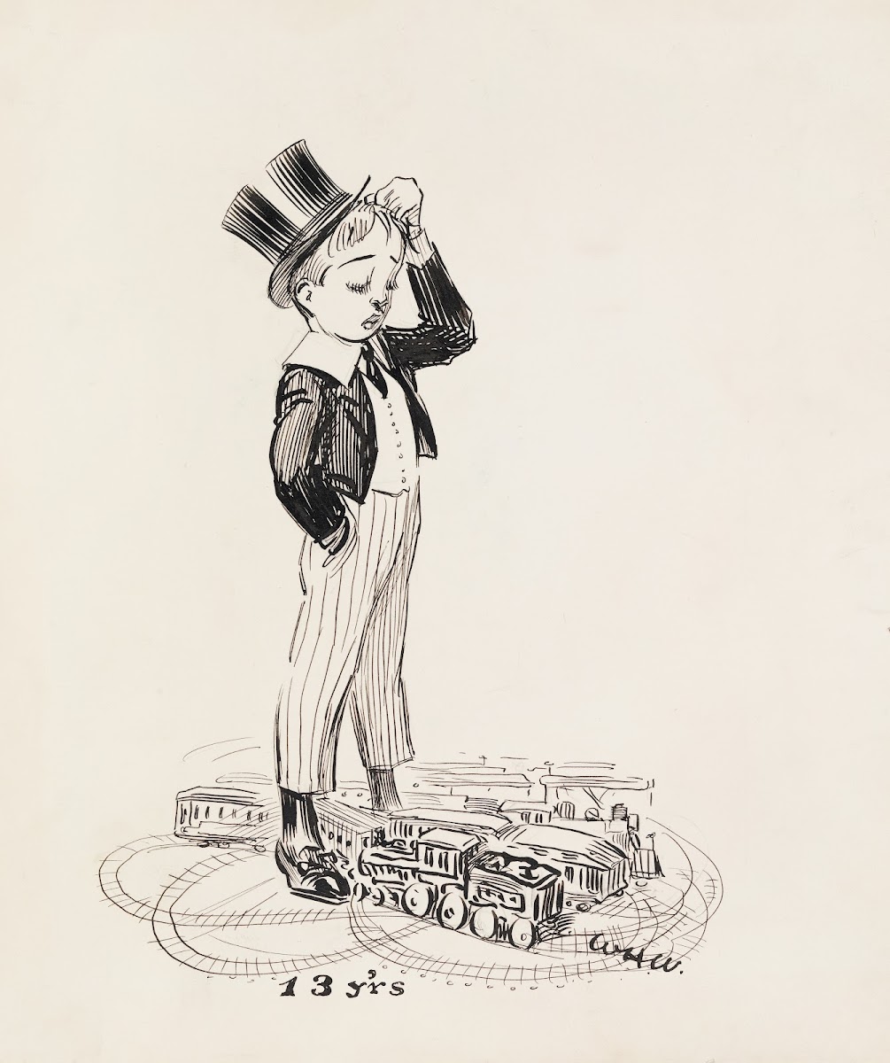 A boy at age 13 puzzled that his toy trains have crashed after having set up the