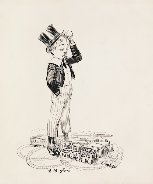 A boy at age 13 puzzled that his toy trains have crashed after having set up the