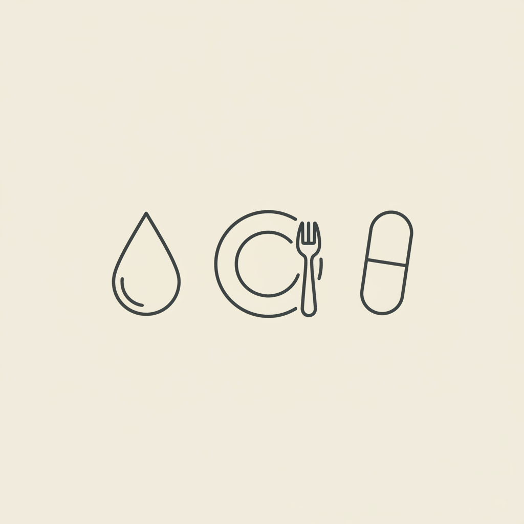 Minimalist Tonum-style vector line illustration of a water droplet, plate with fork, and capsule on beige background referencing water weight
