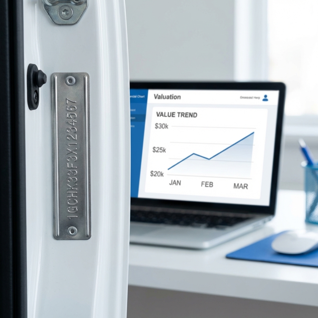 Close up of a truck VIN plate with a laptop showing a valuation chart in the background illustrating kelley blue book value truck in CarFax Deals minimal white and blue design