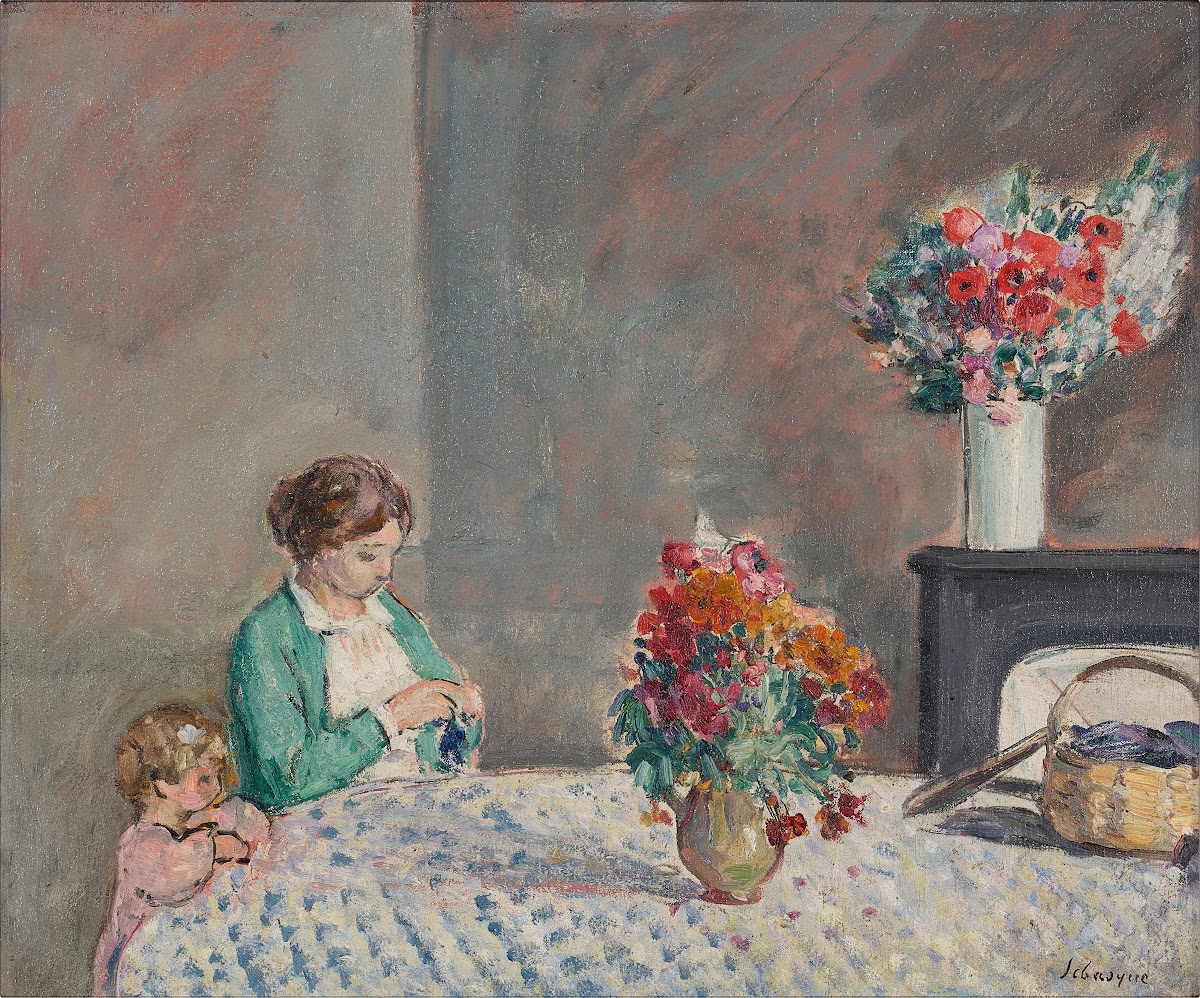 Femme et enfant dans un intérieur fleuri 1913 1914