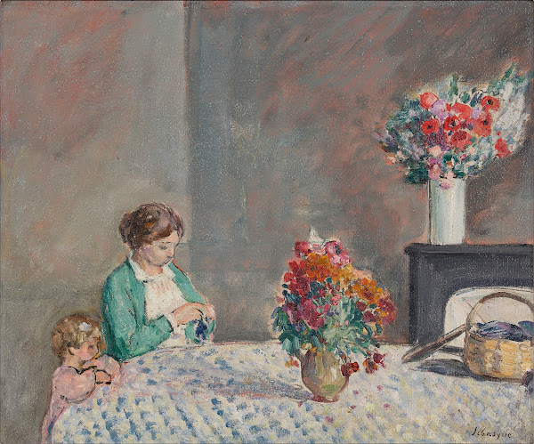Femme et enfant dans un intérieur fleuri 1913 1914