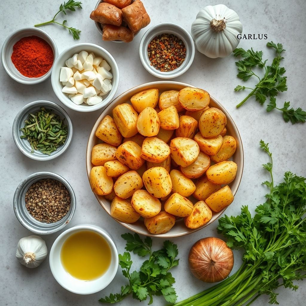 Ingredients for Crispy Oven Roasted Potatoes with Garlic and Herbs (Easy Homemade Side)