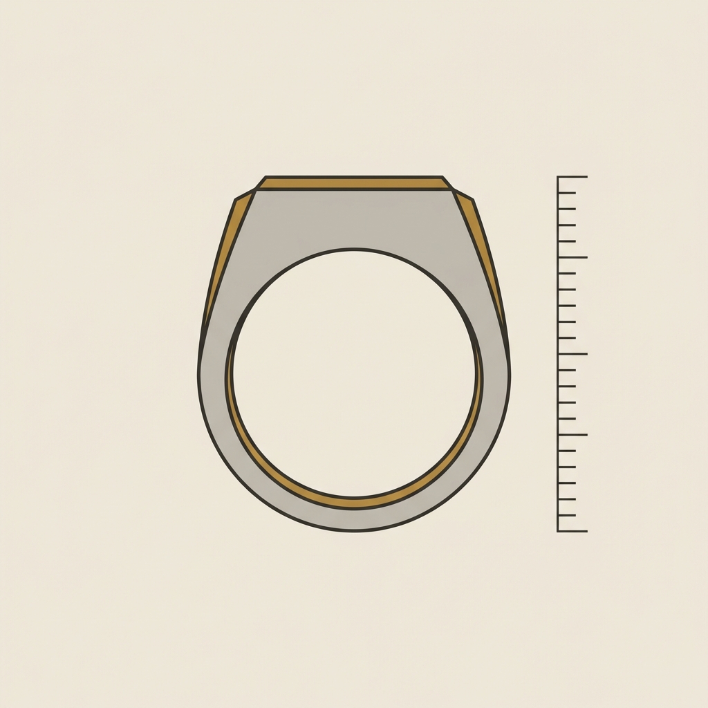 Flat 2D vector profile of ancient egyptian rings showing bezel height and hoop interior with tick mark measurement scale on a soft beige background