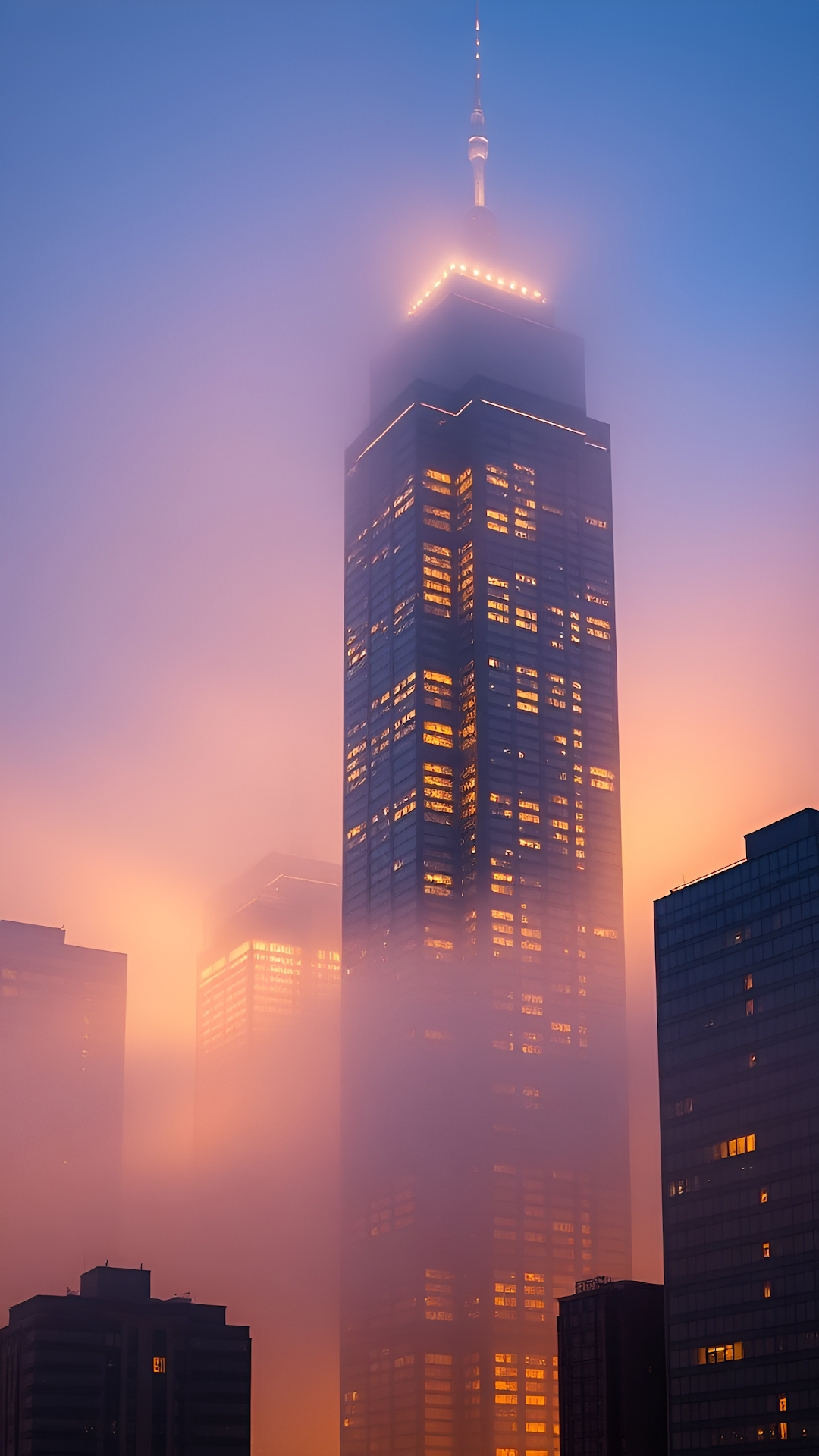 Foggy Skyscraper Glowing at Sunset in Urban Skyline - Free 4K mobile Wallpaper