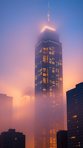 Foggy Skyscraper Glowing at Sunset in Urban Skyline