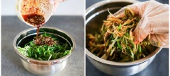 Trong một cái bát, trộn đều nước tương, đường, dầu mè, mè trắng rang, bột ớt, tỏi băm. Cho bát nước trộn vào phần hành lá rồi trộn đều bằng tay (bạn nhớ đeo bao tay vào nhé).