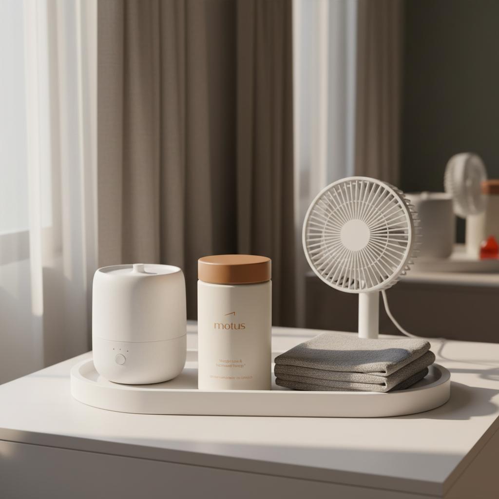 Minimalist bedside still-life with Motus supplement container on a white tray beside a ceramic humidifier, compact fan and folded gray fabric sample on Tonum background, styling for 3 day detox