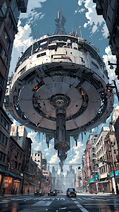 Massive Flying Machine Hovering Over City Street