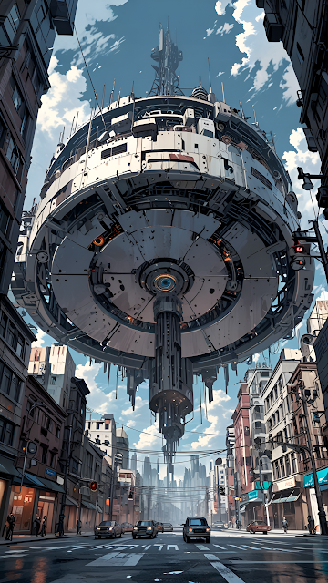 Massive Flying Machine Hovering Over City Street - Free mobile Wallpaper