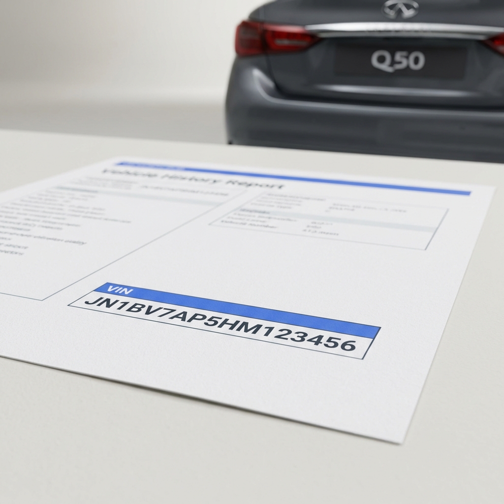 Close up of vehicle history report with visible VIN and soft focused Q50 badge in background clean CarFax Deals composition infiniti q50 for sale