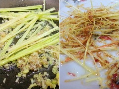 Làm nóng chảo, cho vào một chút dầu ăn, phi sả cho thơm sau đó để ra một đĩa riêng. Vẫn chảo đó cho hành tỏi vào phi thơm, rồi đổ thịt đã ướp vào rang, cho vào thịt nước hàng đã thắng sẵn.