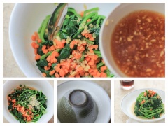 Cải bó xôi rửa sạch, cắt khúc vừa ăn. Cà rốt gọt vỏ, thái hạt lựu. Luộc cài bó xôi và cà rốt trong nước khoảng 30 giây rồi lấy ra xả qua nước lạnh, để ráo. Cho gừng vào nồi với 2 muỗng canh nước dùng, nấu sôi trong 20 phút rồi thêm 1 muỗng canh nước tương, 2 muỗng cà phê muối, 2 muỗng cà phê giấm, khuấy đều, đợi sôi thêm lần nữa thì tắt bếp. Cho dầu mè vào, khuấy đều lên.