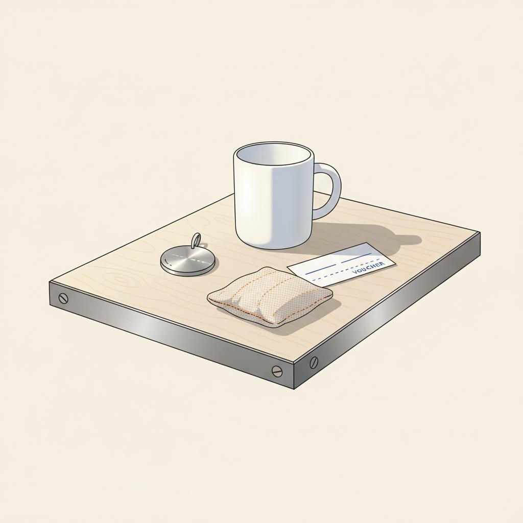 Minimalistisches Stillleben mit persönlichen Geschenken auf Holzarbeitsplatte: Edelstahl‑Anhänger, Tasse, Wärmekissen und Gutschein — geschenkideen zum 70. Geburtstag