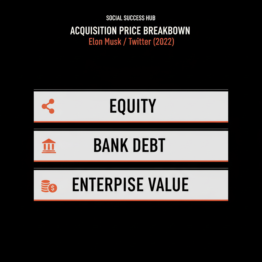Minimal full-frame infographic showing a layered financing stack (equity, bank debt, enterprise value) on black background with brand colors, illustrating Elon Musk Twitter acquisition price.