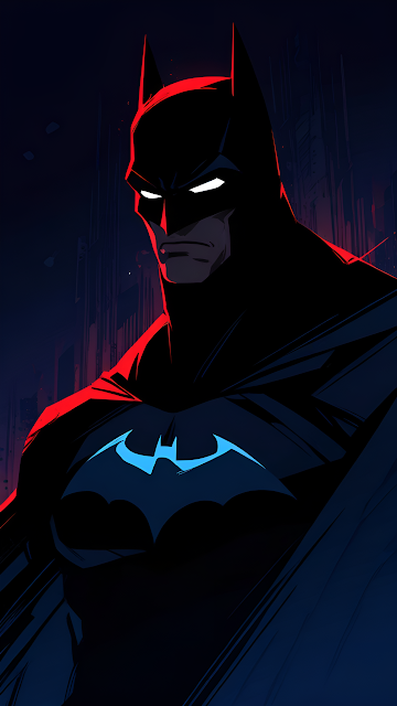 Batman stands in shadow with glowing white eyes and red cape - Free mobile Wallpaper