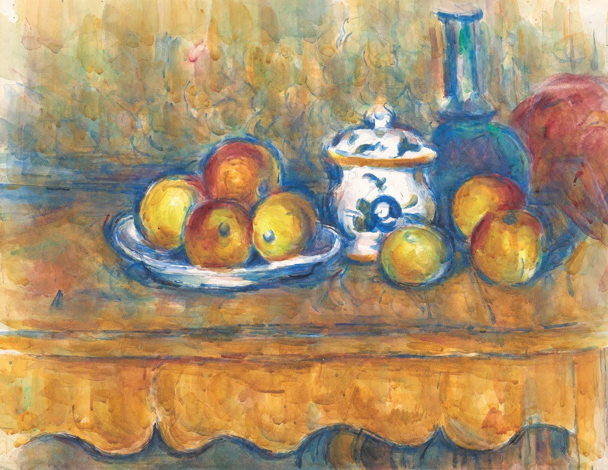 Stillleben mit blauer Flasche Zuckerdose und Äpfeln 1900 1902