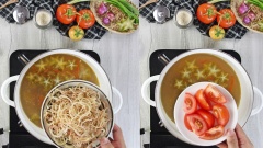 Lúc này bạn đổ cá đã chiên vào nồi rồi chế vào 1.2 lít nước sôi. Khi nước sôi hớt bỏ bọt dơ, nêm vào 2 muỗng canh hạt nêm, 2 muỗng canh nước mắm, 2 muỗng canh đường rồi hạ lửa nhỏ nấu thêm 5-7 phút nữa cho cá lóc thật sự chín. Cuối cùng cho bắp chuối và 2/3 cà chua còn lại vào nồi, nấu thêm 1 phút thì tắt bếp.