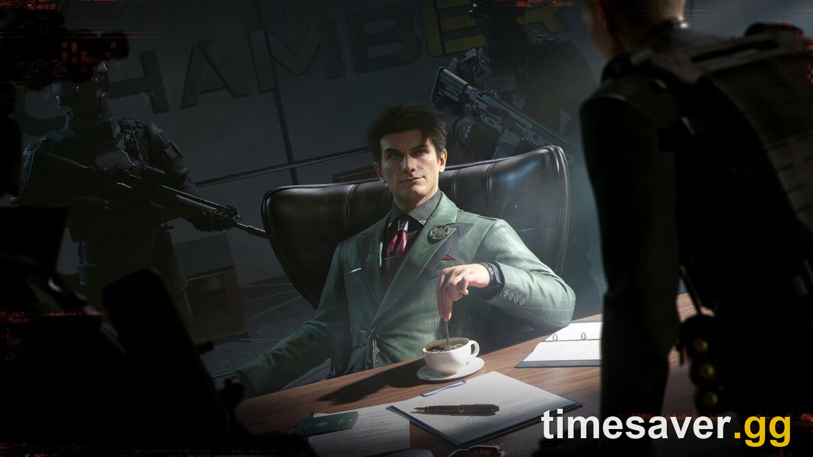 Official Delta Force art of Efficiency Director Hudson, the Space City boss, sitting at a desk in a green suit with his guards behind him