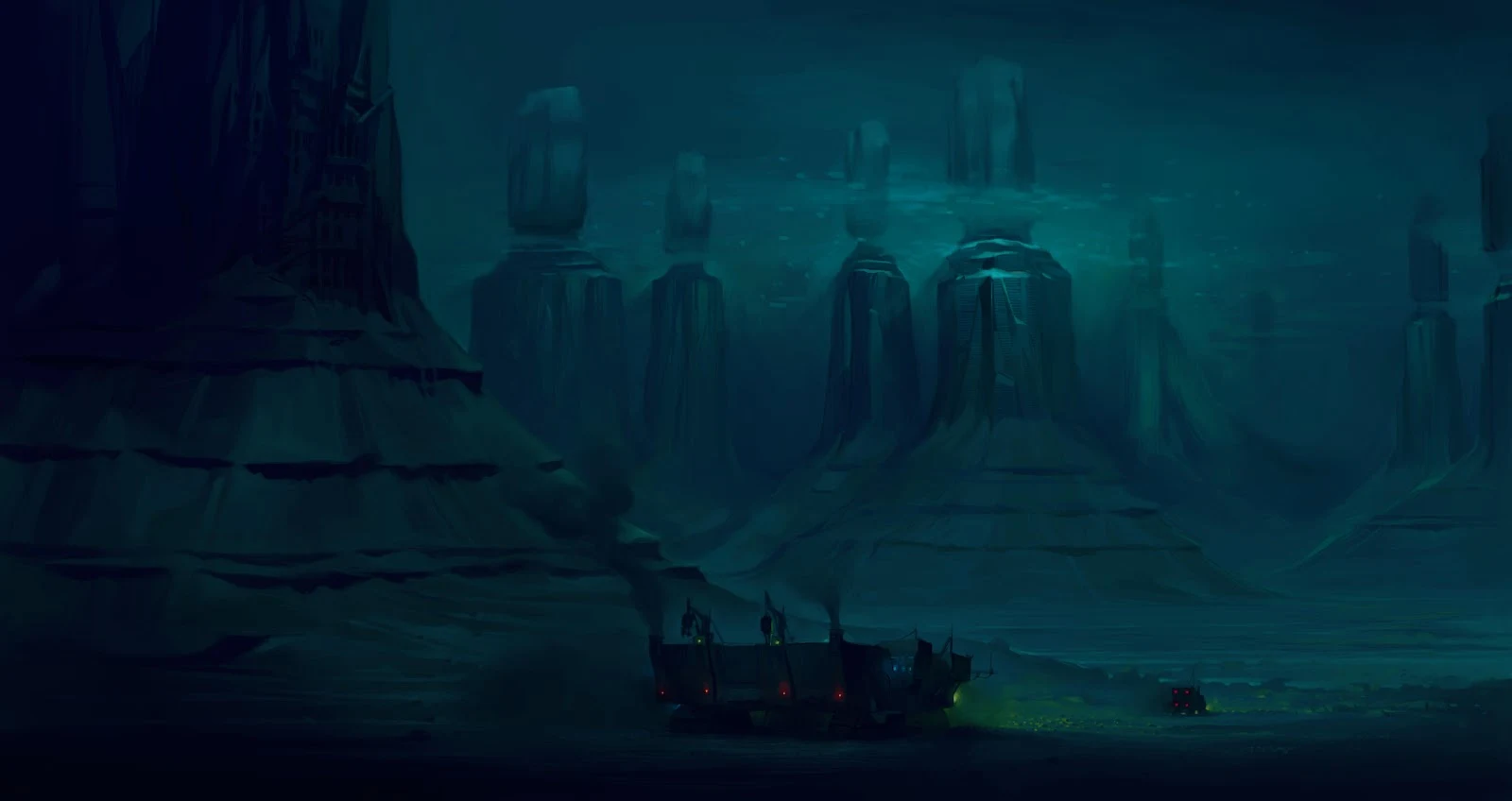 Dark Alien Desert Outpost - Concept Art Illustration 5K Wallpaper (7547x4000)