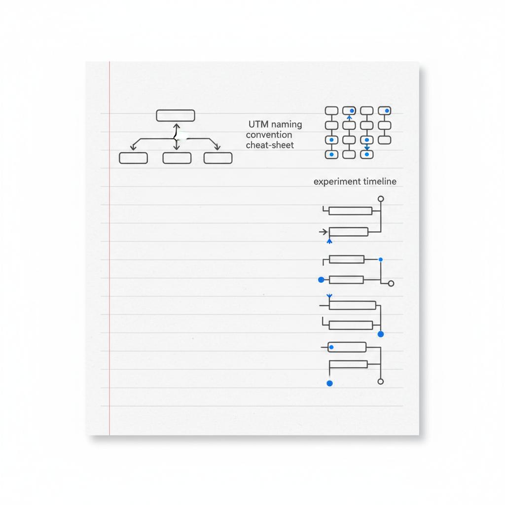 Minimalist notebook-style vector illustration of campaign structure tree, UTM naming cheat-sheet, and experiment timeline for a PPC expert article
