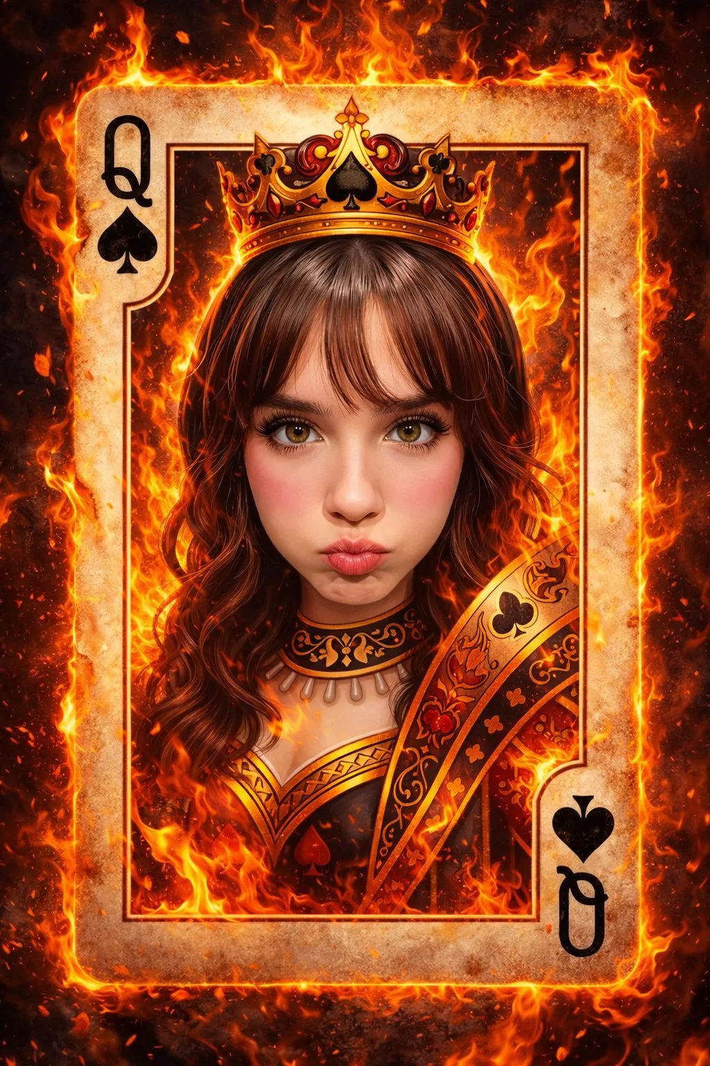 Ilustración de fantasía ultra detallada de la Reina de Picas en una baraja de cartas.